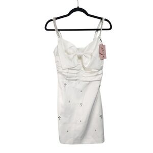 Miss Rosier White Rhinestone Bow Ruched Mini Dress AS IS